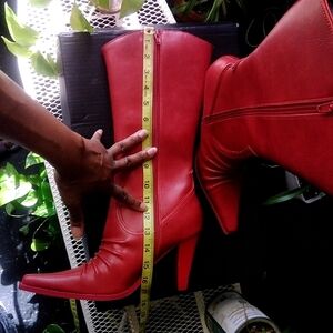 Dolls Kill Red Pointed-Toe Mid-Calf Heeled Boots